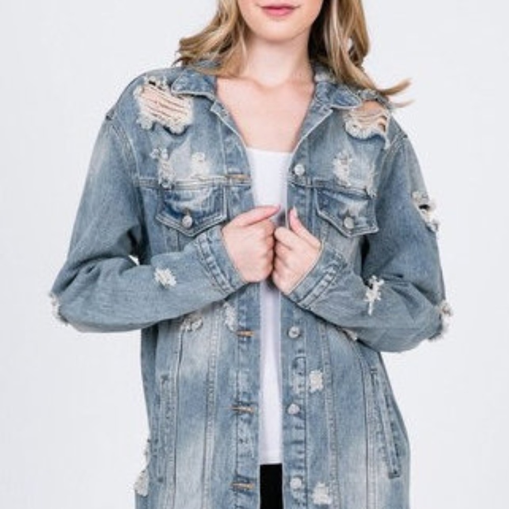Destroyed Distressed Long Maxi Denim Jean Jacket - Picture 7 of 7